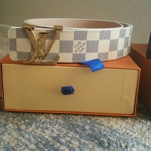 White Damier Print with Gold LV buckle